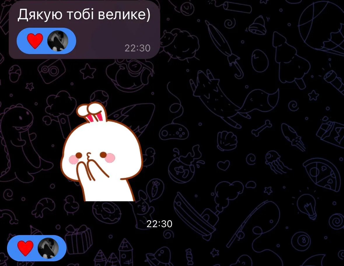 Відгук у Telegram: «Дякую тобі велике» з реакціями-сердечками і милим стикером-зайчиком
